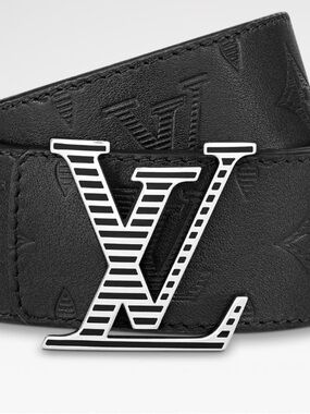 Louis Vuitton Black Leather Monogram Belt with Striped LV Buckle